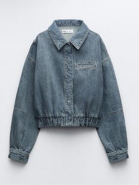 Zara Blue Denim Cropped Bomber Jacket
